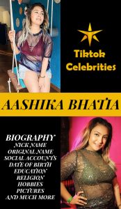 Aashika Bhatia Post thumbnail for Pinterest, with her 2 images and text in yellow