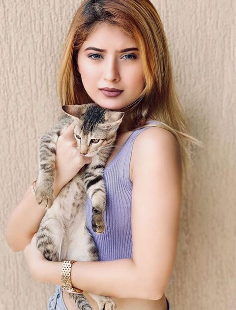 Arishfa Khan is holding her cat and wearing purple blouse and blue jeans.