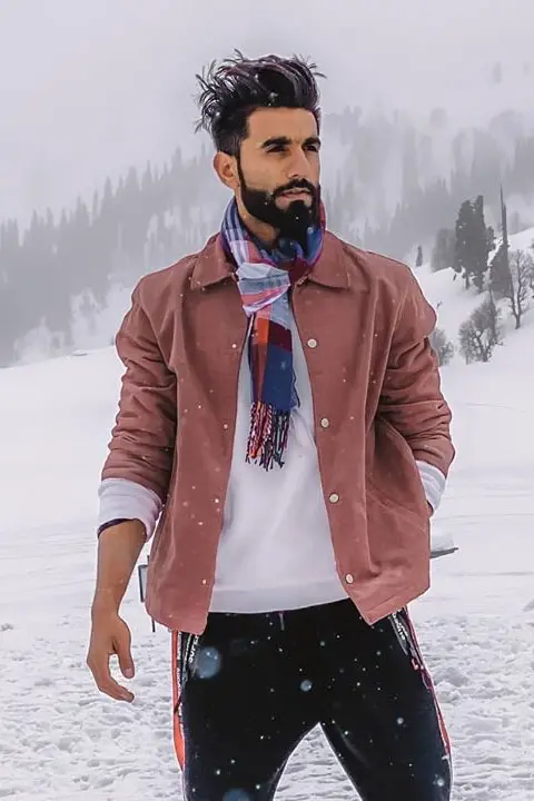 Manav Chhabra In snow lookign dashing and confident. He is wearing brown jacket and blue pajama
