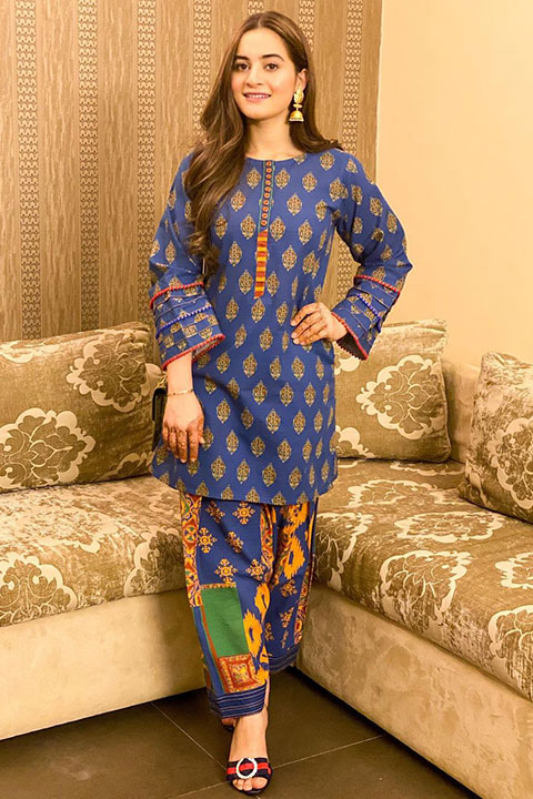 Aimen Khan in printed blue dress