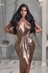 Jailyne Ojeda is posing for a picture and looking beautiful in open hair and golden dress.
