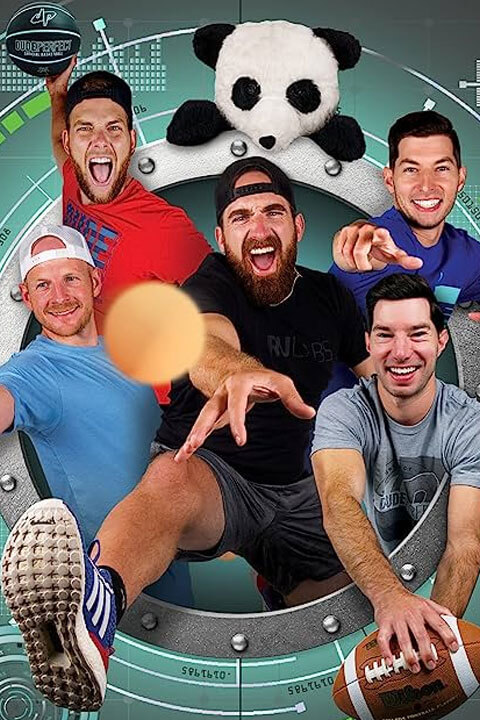 Group photo of Dude-Perfect that includes five men whom are posing together. They are all smiling and wearing casual clothing. They are holding sports equipment, such as a basketball, a football, and a baseball.